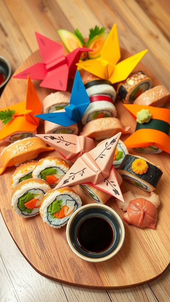 Colorful sushi origami on a wooden platter with soy sauce and garnishes.